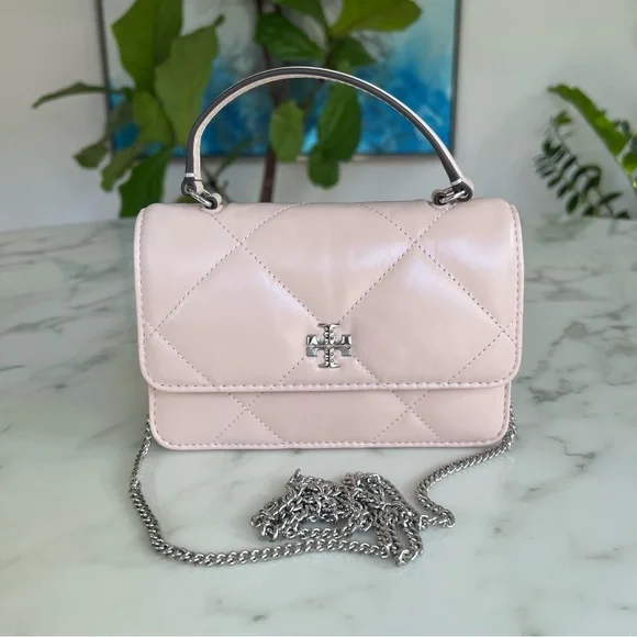 Tory Burch Kira Mini Quilted Leather Top Handle Crossbody Bag w/ Chain Soft Pink